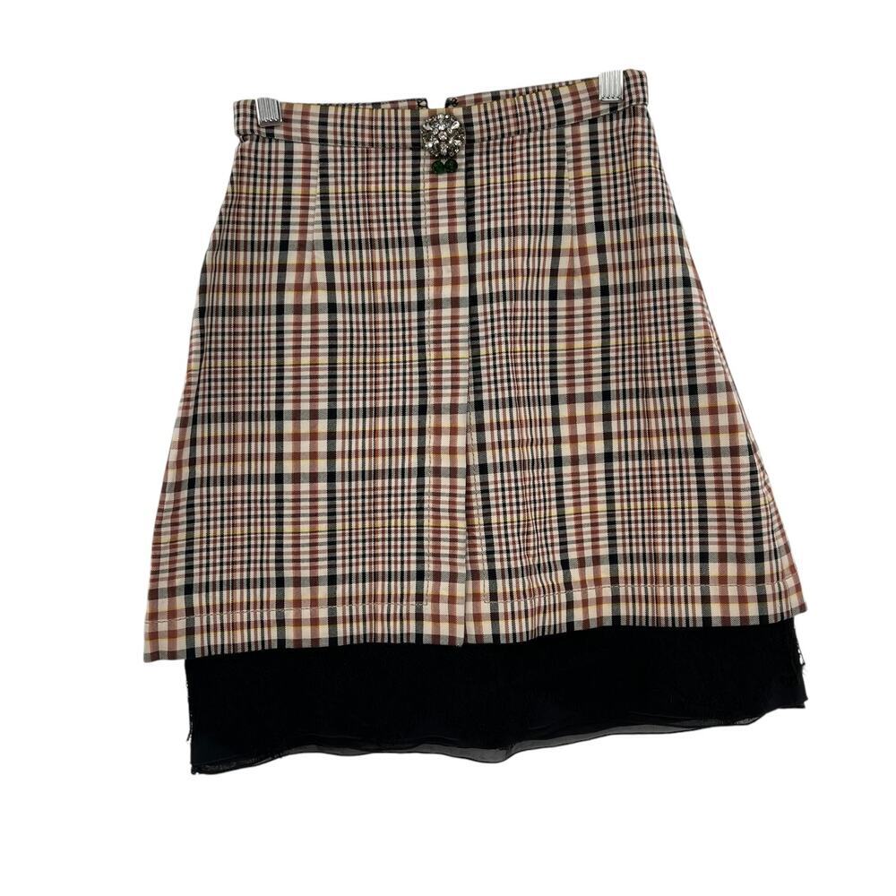 No. 21 Tan Brown Plaid Black Lace Trim Mini Skirt Crystal Embellish Size 38 US 2